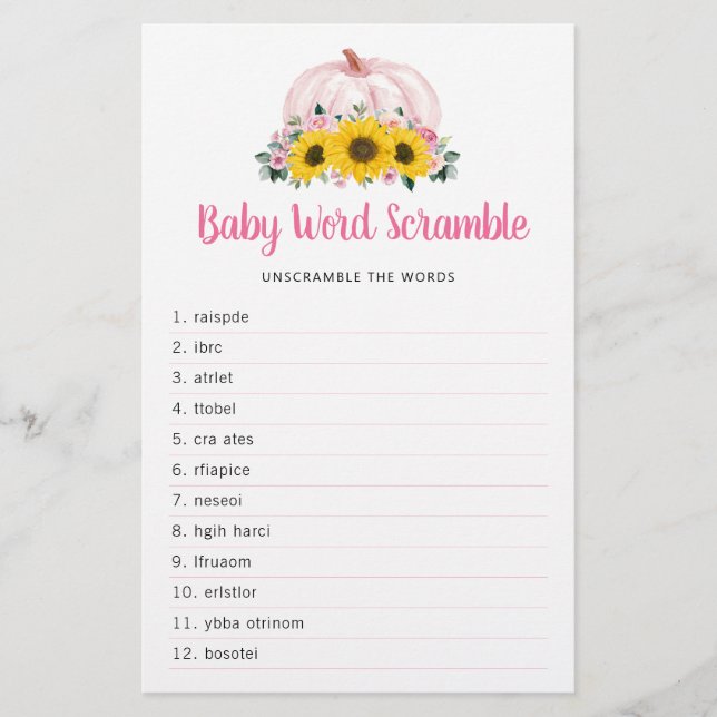 Pumpkin Sunflower Roze Herfst Baby shower Word Gam (Voorkant)