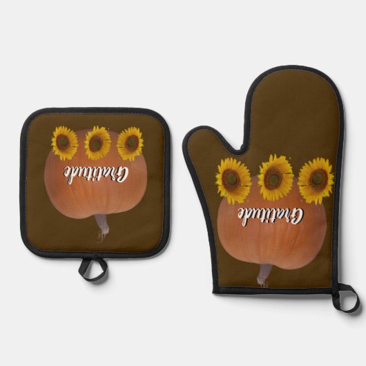 Pumpkin, Sunflowers, Gratitude Brown Oven Mitt & Ovenwant & Pannenlap Set (Voorkant)