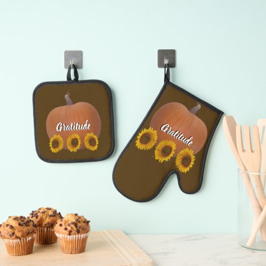 Pumpkin, Sunflowers, Gratitude Brown Oven Mitt & Ovenwant & Pannenlap Set (Insitu(Ophanging))