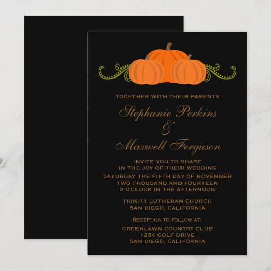 Pumpkin Swirls Fall Wedding Invite (donker) Kaart (Voorkant / Achterkant)