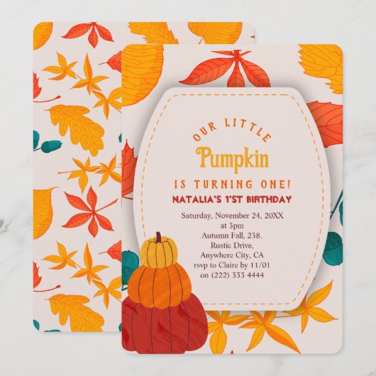 Pumpkin thema eerste verjaardag Uitnodiging (Voorkant / Achterkant)