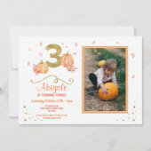 Pumpkin THREE Birthday 3rd Herfst Party Photo Invi Kaart (Voorkant)