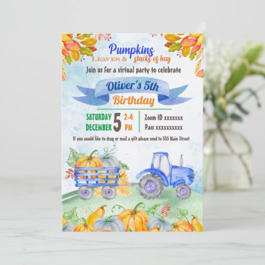 Pumpkin-tractor - Virtuele uitnodiging op zaterdag (Staand voorkant)