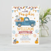 Pumpkin Truck 1st Birthday Invitation Boy Pumpkin Kaart (Staand voorkant)