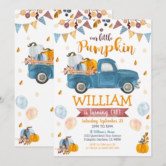 Pumpkin Truck 1st Birthday Invitation Boy Pumpkin Kaart (Voorkant / Achterkant)