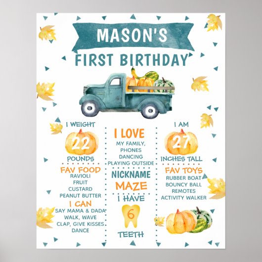 Pumpkin Truck 1st Birthday Milestone Poster (Voorkant)