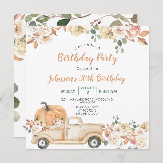 Pumpkin Truck 30th Birthday Party Rustic Floral Kaart (Voorkant / Achterkant)