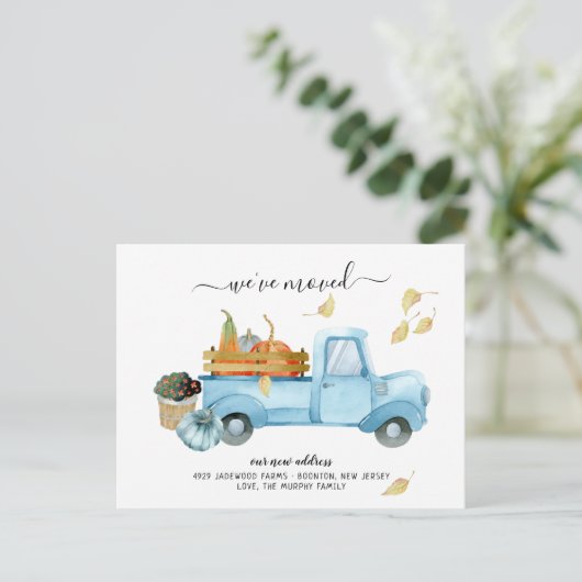 Pumpkin Truck Autumn | Verplaatsingsaankondiging Briefkaart (Staand voorkant)
