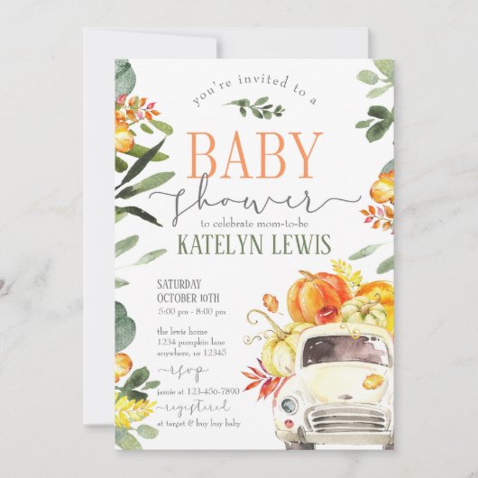 Pumpkin Truck Baby shower Invitation with Greenery Kaart (Voorkant)