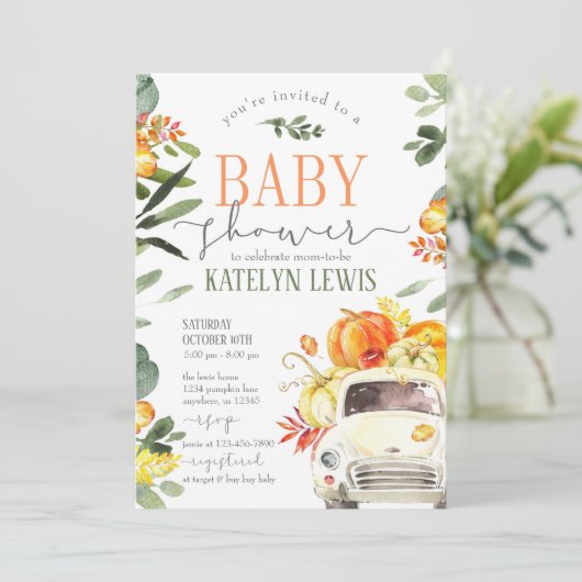 Pumpkin Truck Baby shower Invitation with Greenery Kaart (Staand voorkant)