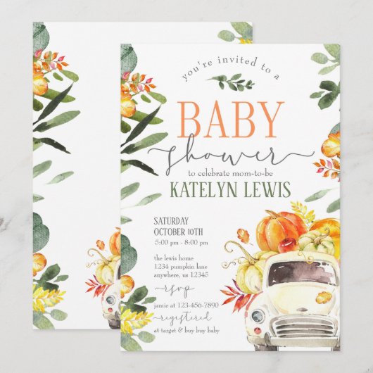 Pumpkin Truck Baby shower Invitation with Greenery Kaart (Voorkant / Achterkant)