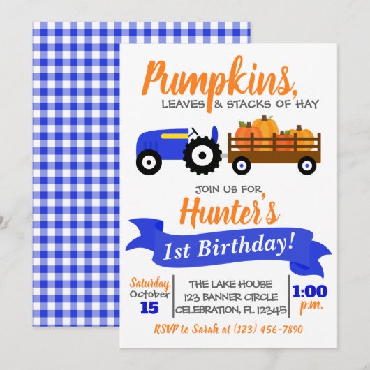 Pumpkin Truck Birthday Invitation - Blue Tractor Kaart (Voorkant / Achterkant)