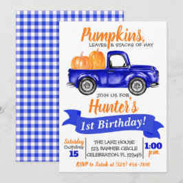 Pumpkin Truck Birthday Invitation - Blue Truck Kaart
