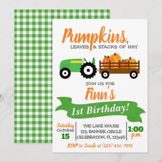 Pumpkin Truck Birthday Invitation - Green Tractor Kaart (Voorkant / Achterkant)