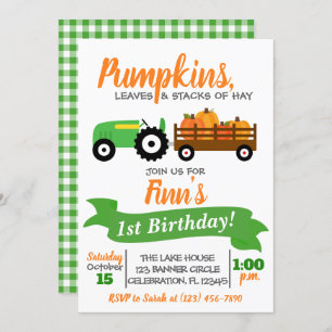 Pumpkin Truck Birthday Invitation - Green Tractor Kaart