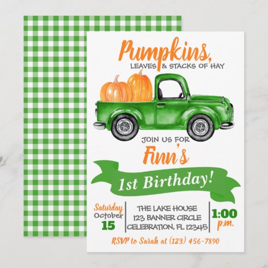 Pumpkin Truck Birthday Invitation - Green Truck Kaart (Voorkant / Achterkant)