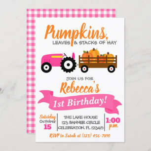 Pumpkin Truck Birthday Invitation - Pink Tractor Kaart