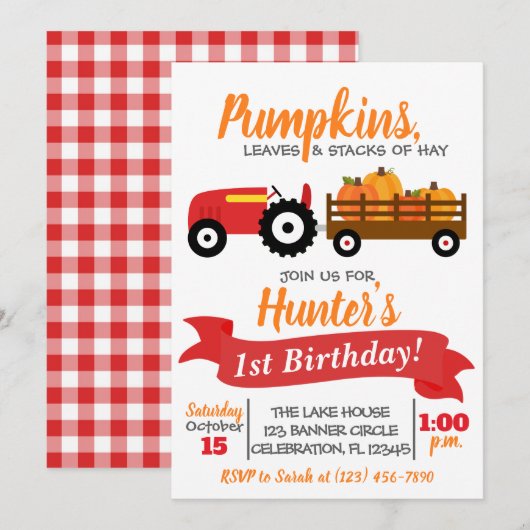 Pumpkin Truck Birthday Invitation - Red Tractor Kaart (Voorkant / Achterkant)