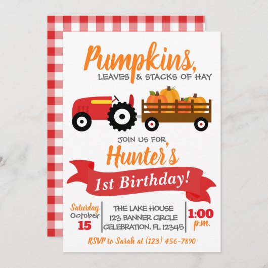 Pumpkin Truck Birthday Invitation - Red Tractor Kaart (Voorkant / Achterkant)