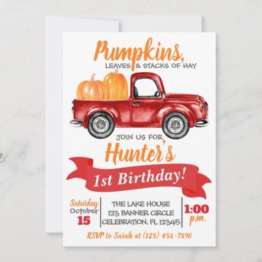 Pumpkin Truck Birthday Invitation - Red Truck Kaart (Voorkant)