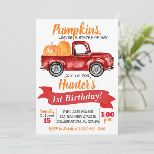Pumpkin Truck Birthday Invitation - Red Truck Kaart (Staand voorkant)