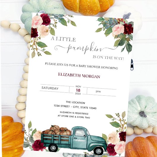 Pumpkin Truck Burgundy Rozen Baby shower Kaart