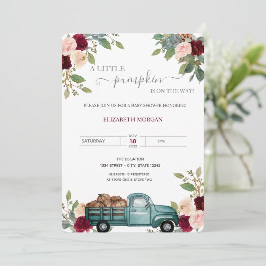 Pumpkin Truck Burgundy Rozen Baby shower Kaart (Staand voorkant)