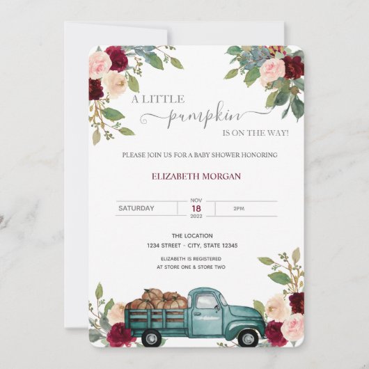 Pumpkin Truck Burgundy Rozen Baby shower Kaart (Voorkant)