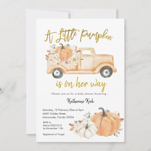 Pumpkin Truck Floral Girl Baby shower Invitation Kaart (Voorkant)