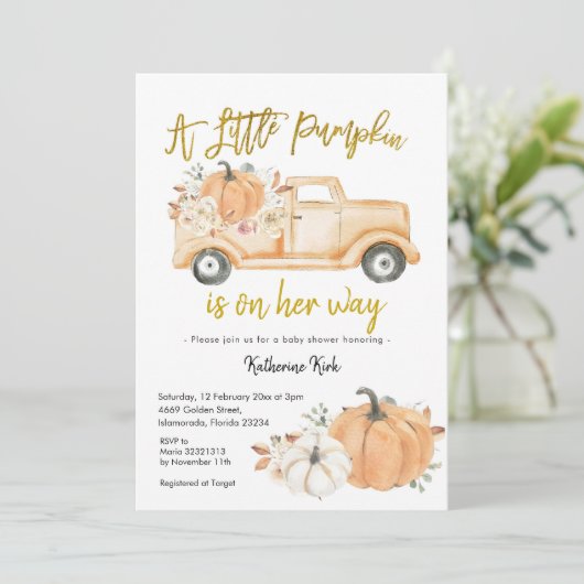 Pumpkin Truck Floral Girl Baby shower Invitation Kaart (Staand voorkant)