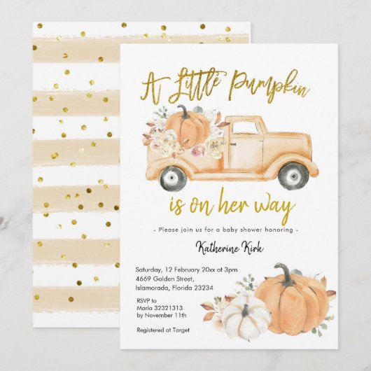 Pumpkin Truck Floral Girl Baby shower Invitation Kaart (Voorkant / Achterkant)