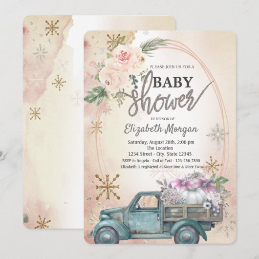 Pumpkin Truck, Flowers, Snowflakes Baby shower Kaart (Voorkant / Achterkant)