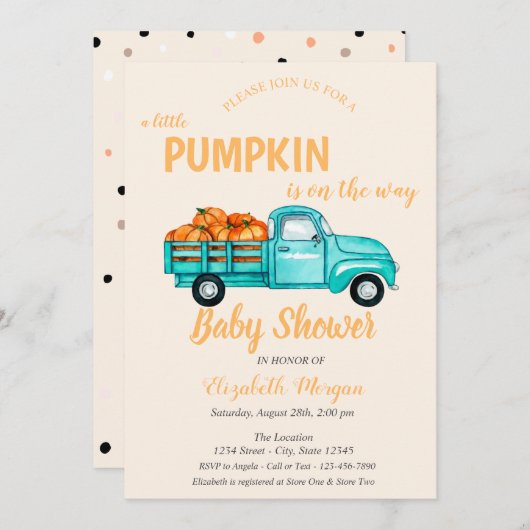 Pumpkin Truck, Stippen Baby shower Kaart (Voorkant / Achterkant)