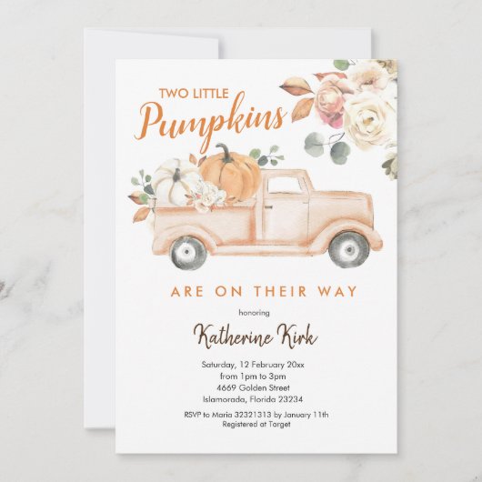 Pumpkin Truck Twins Floral Baby shower Invitation Kaart (Voorkant)