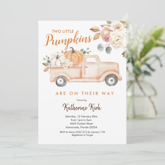 Pumpkin Truck Twins Floral Baby shower Invitation Kaart (Staand voorkant)