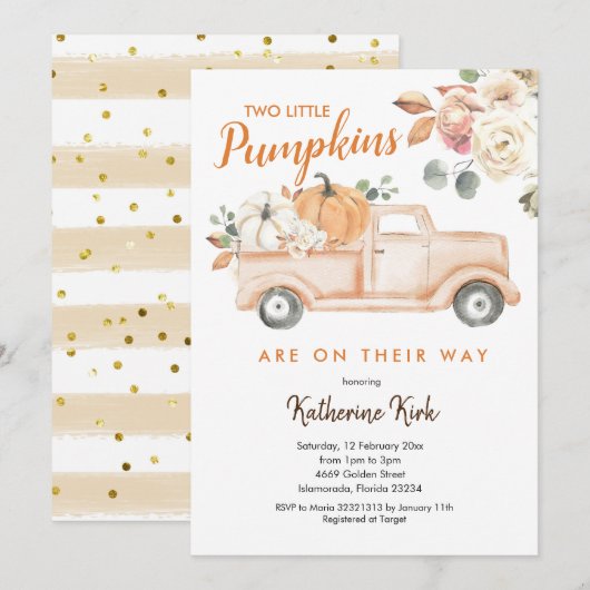 Pumpkin Truck Twins Floral Baby shower Invitation Kaart (Voorkant / Achterkant)