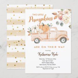 Pumpkin Truck Twins Floral Baby shower Invitation Kaart
