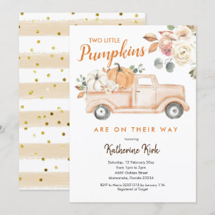 Pumpkin Truck Twins Floral Baby shower Invitation Kaart