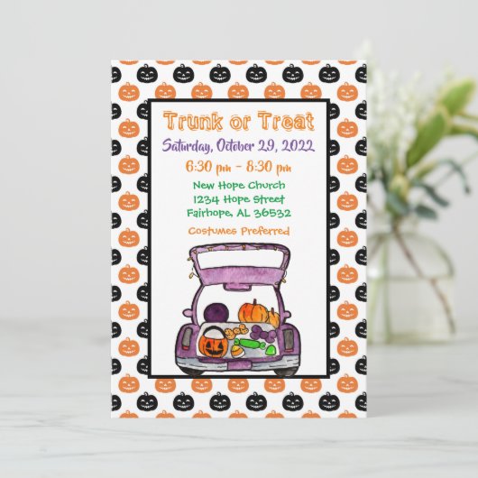Pumpkin Trunk of Treat Halloween Invitation Kaart (Staand voorkant)