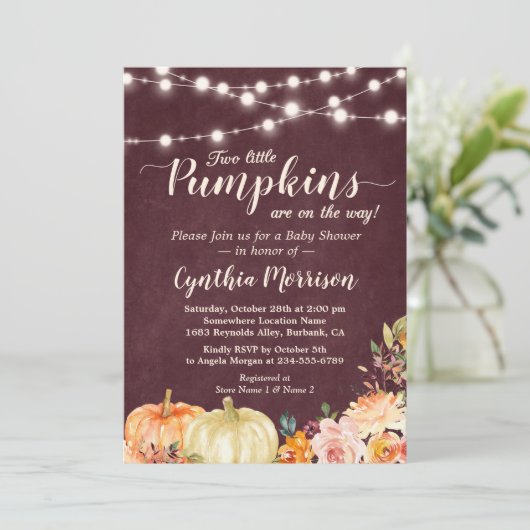 Pumpkin Twins Baby shower String Lights Floral Kaart (Staand voorkant)