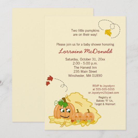 Pumpkin Twins (neutraal) Baby shower Kaart (Voorkant / Achterkant)