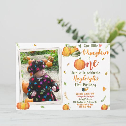 Pumpkin verjaardagsuitnodiging Fotouitnodiging Her Kaart (Staand voorkant)
