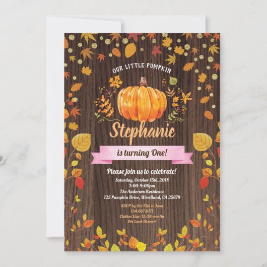 Pumpkin-verjaardagsuitnodiging. Rustische 1e verja Kaart (Voorkant)