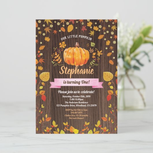 Pumpkin-verjaardagsuitnodiging. Rustische 1e verja Kaart (Staand voorkant)