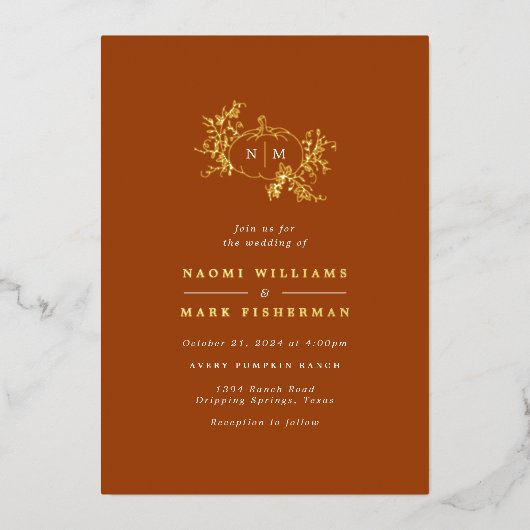 Pumpkin Vines Monogram Weddenschap Folie Uitnodigi Folie Uitnodiging (Voorkant)