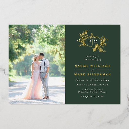 Pumpkin Vines Monogram Weddenschap Folie Uitnodigi Folie Uitnodiging (Voorkant)