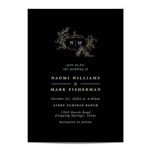 Pumpkin Vines Monogram Weddenschap Folie Uitnodigi Uitnodiging