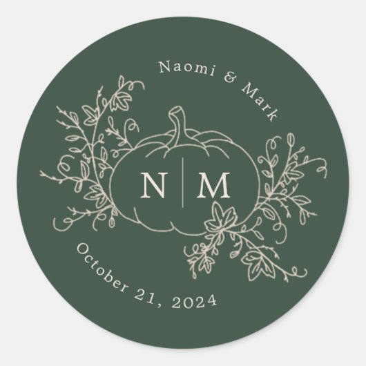 Pumpkin Vines Monogram Weddenschap Klassieke Ronde Ronde Sticker (Voorkant)