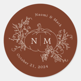 Pumpkin Vines Monogram Weddenschap Klassieke Ronde Sticker