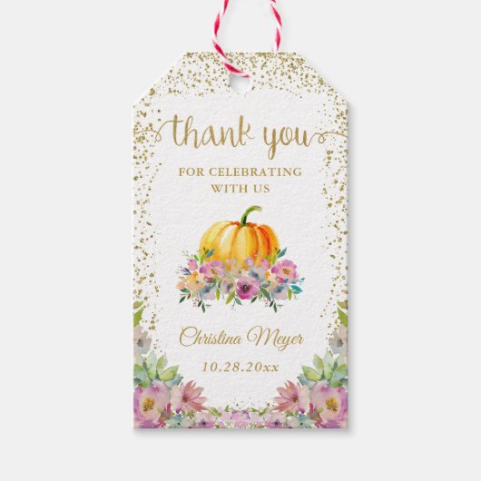 Pumpkin Waterverf Floral Herfst Dank u Labels Cadeaulabel (Voorkant)